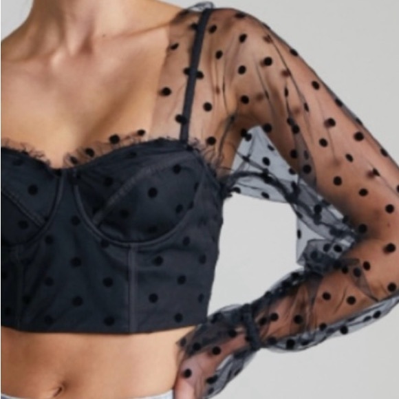 RNWY Sheer Polka Dot Crop Bustier Corset back zip Top | Chloe in Black Spot - Picture 8 of 11
